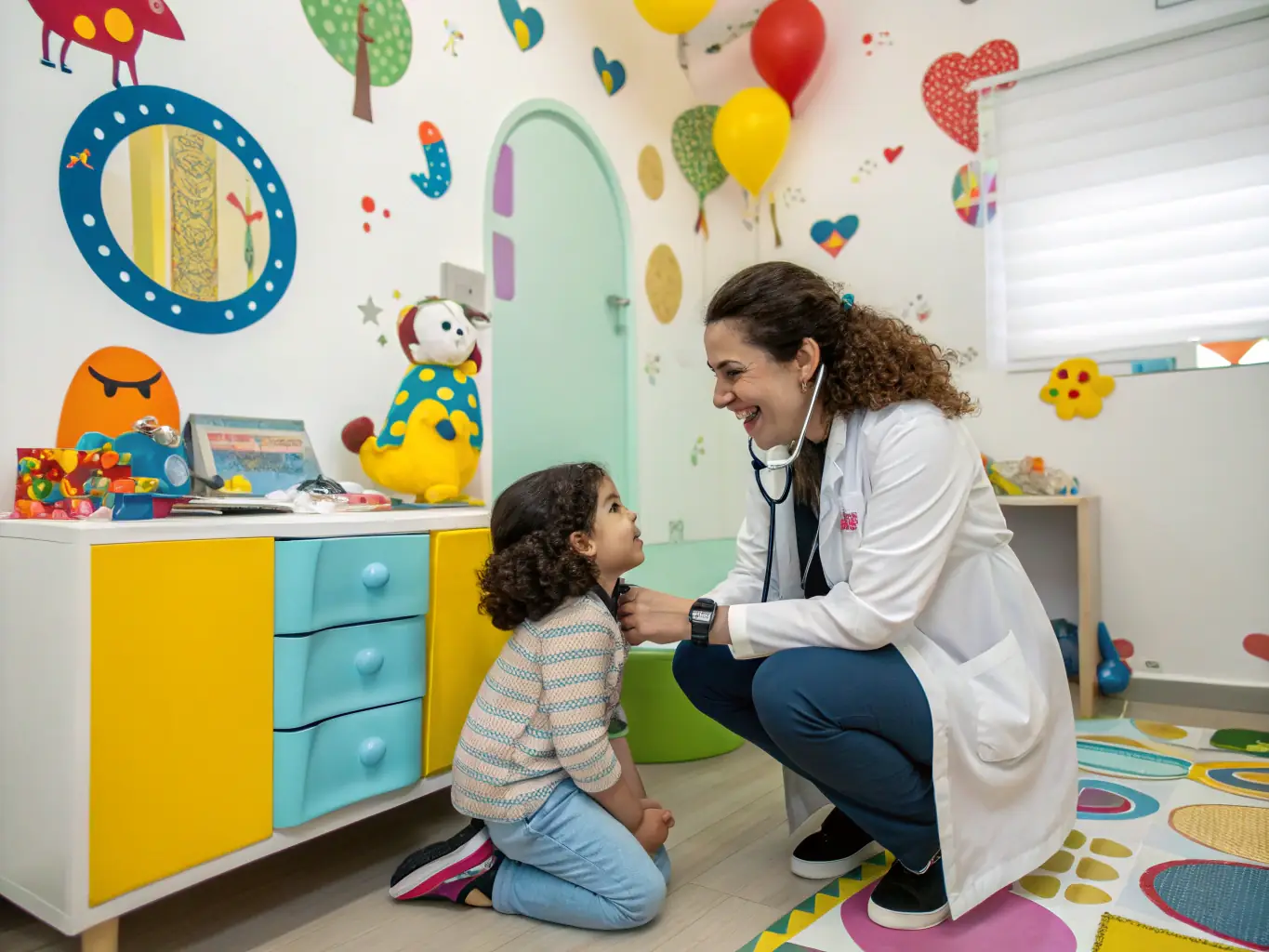 A warm and inviting image of a family doctor interacting with a young child during a check-up at Sunset Hills Family Practice, showcasing the clinic's commitment to family care.