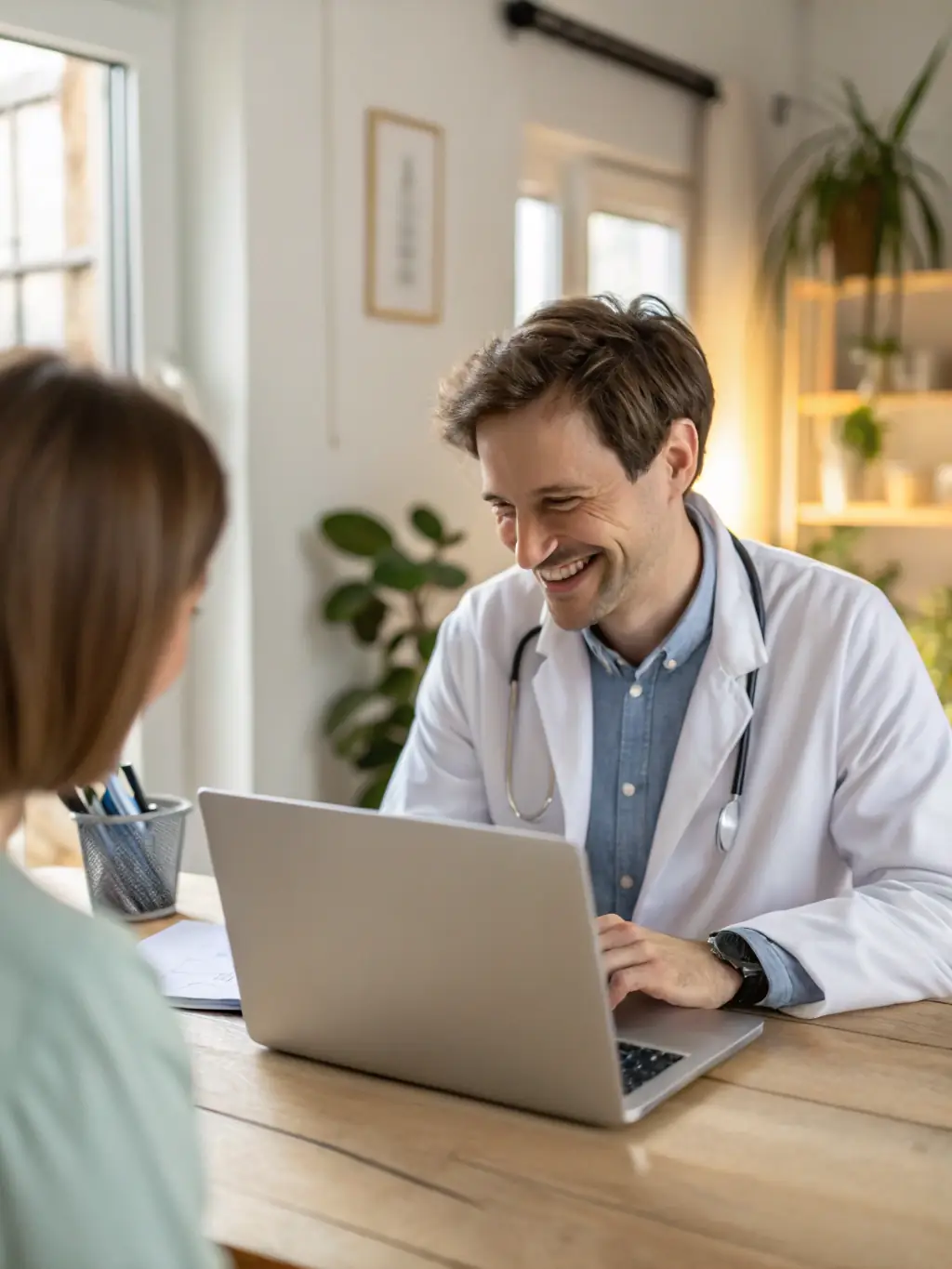 A friendly family doctor consulting with a patient in a modern clinic setting, emphasizing personalized care and trust.