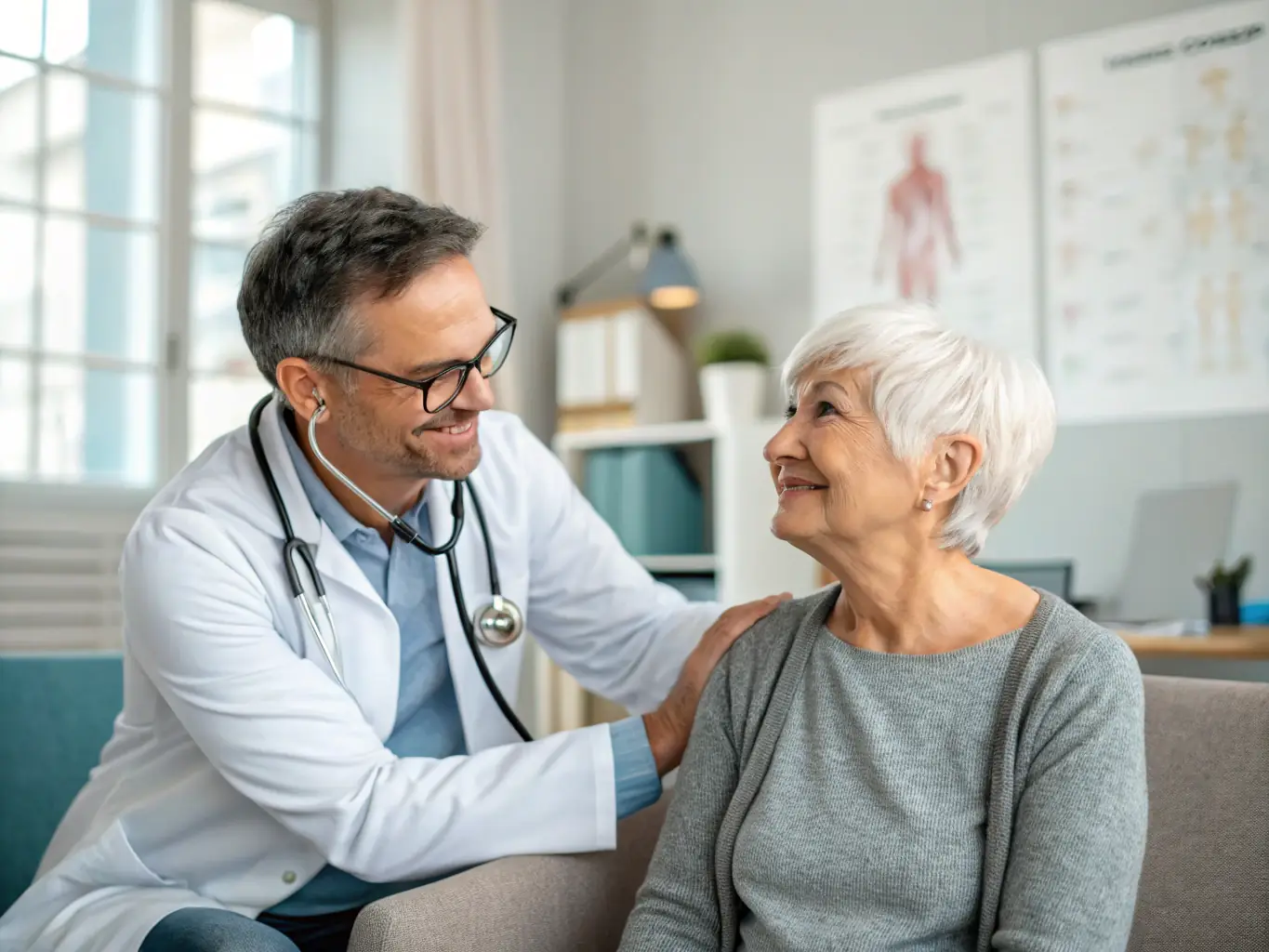 A caring image of a geriatric specialist consulting with a senior patient at Sunset Hills Family Practice, highlighting the clinic's dedication to geriatric services.