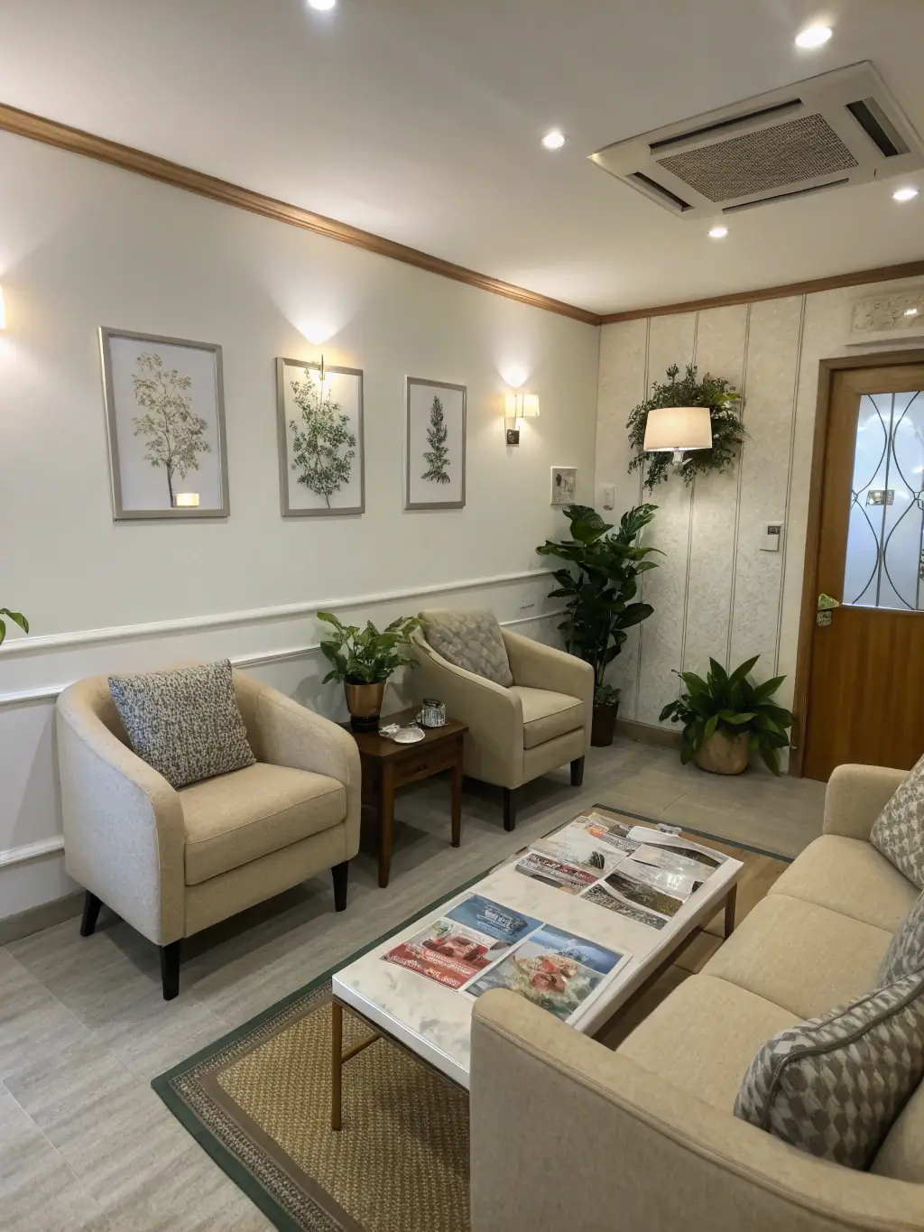 A modern and comfortable clinic waiting area with happy patients, highlighting a patient-centered and welcoming environment.